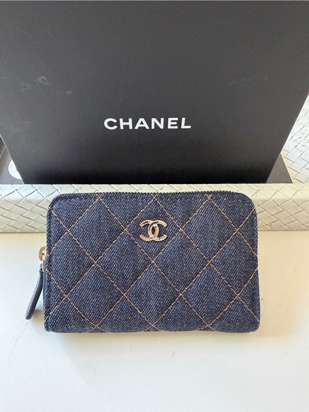 Chanel 26P Classic Zipped Zip Coin Purse Denim Dark Blue Orange mJean Wallet NWT